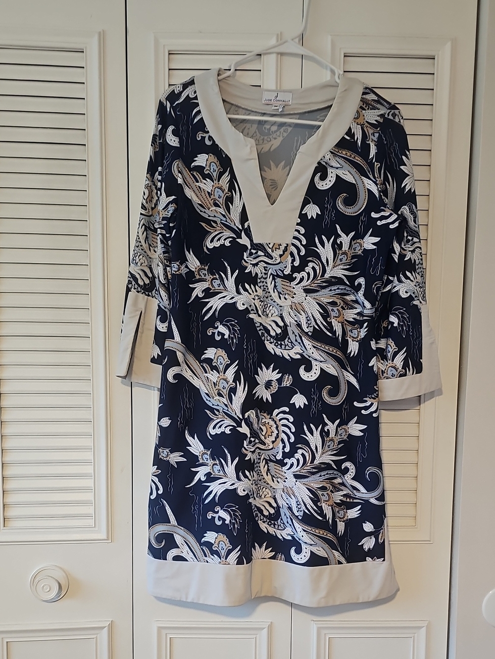 Jude Connally Navy Floral Paisley V-Neck Tunic with Cream Trim